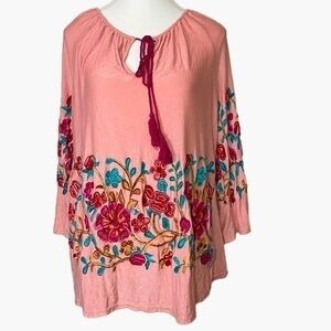 Forgotten Grace Pink with Dark Pink Floral Embroidery Summer Blouse
